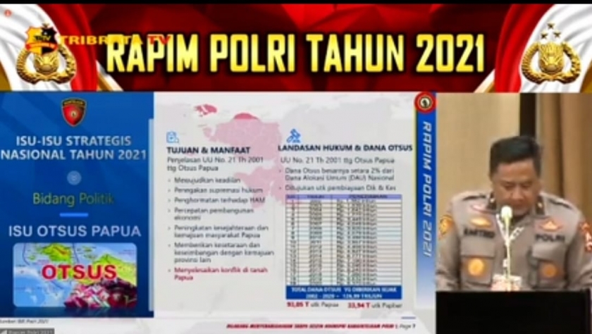Keterangan Karoanalis Baintelkam Polri Brigjen Pol Achmad Kartiko dalam Rapim Polri 2021. (Foto: Tangkapan layar YouTube Tribata TV/ News)