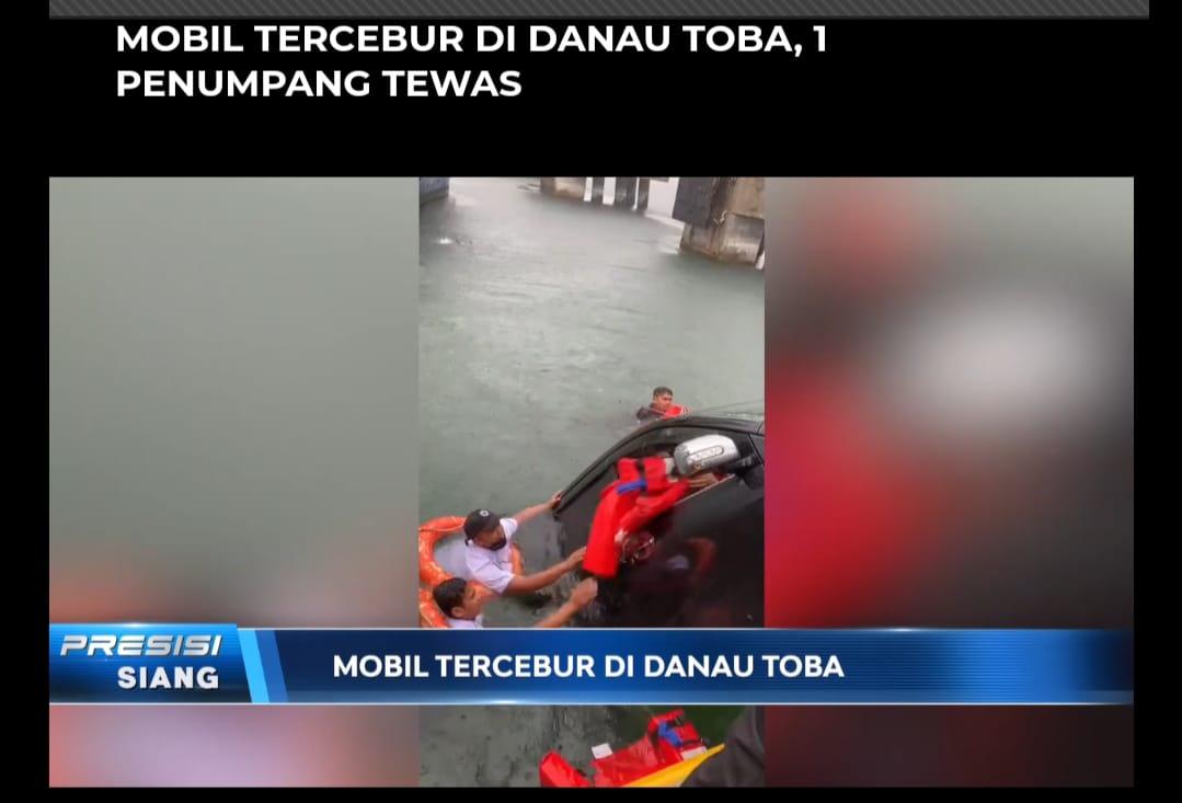 Kasus terceburnya mobil masuk ke dalam perairan Danau Toba hingga menyebabkan satu korban tewas. (Foto: Tangkapan layar program acara Presisi Siang TV Radio Polri). 