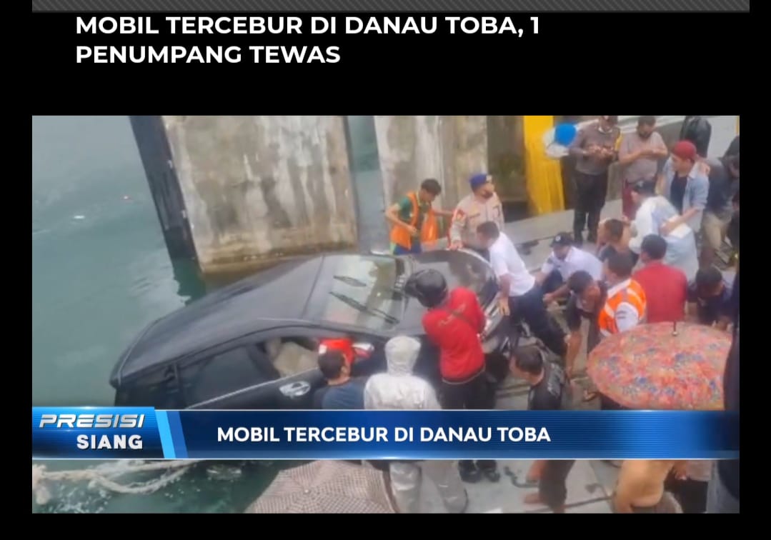Kasus terceburnya mobil masuk ke dalam perairan Danau Toba hingga menyebabkan satu korban tewas. (Foto: Tangkapan layar program acara Presisi Siang TV Radio Polri). 