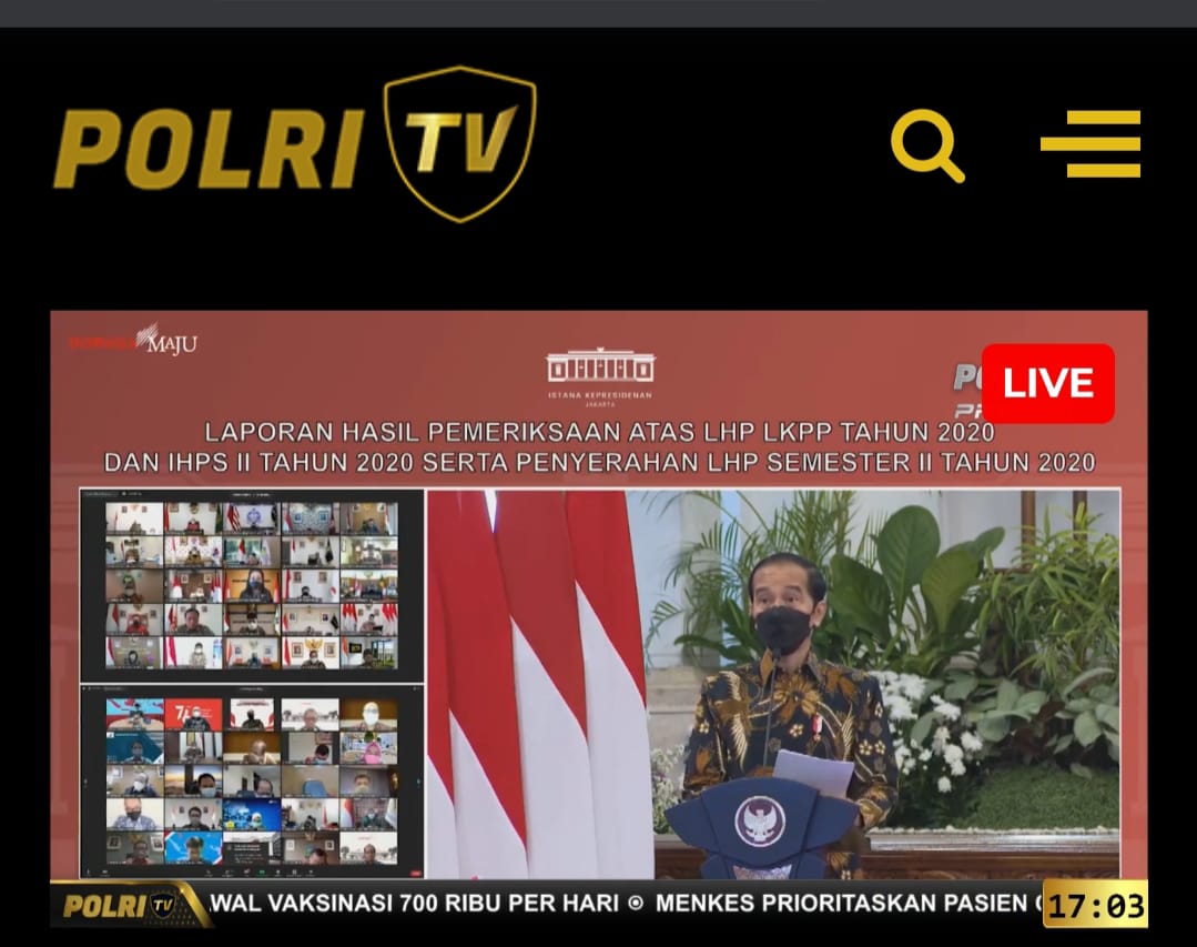 Presiden Jokowi dalam acara Penyampaian LHP LHKPP dan IHPS II serta Penyerahan LHP Semester II Tahun 2020. (Foto: Presisi Petang TV Radio Polri). 