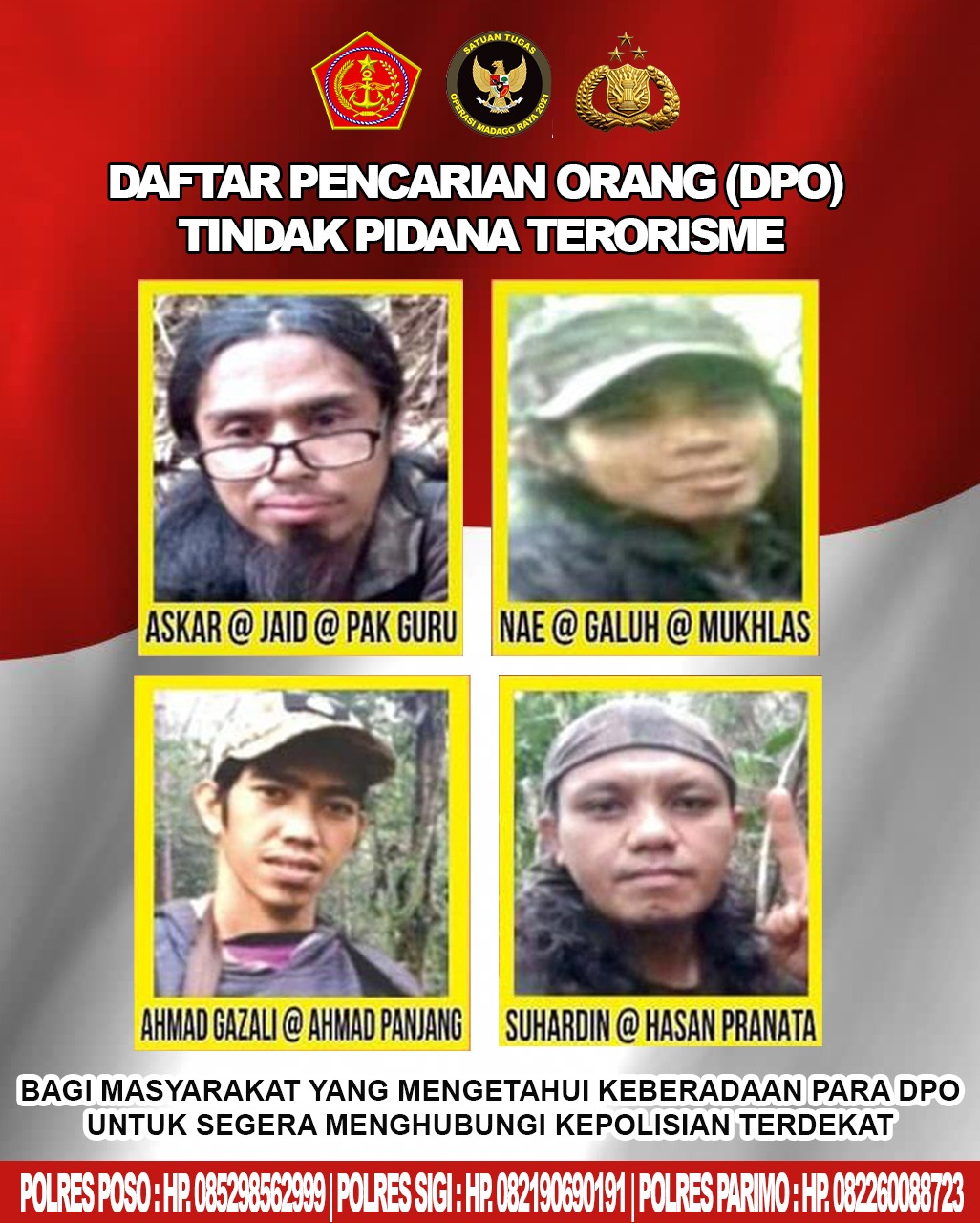 Daftar Pencarian Orang (DPO) Mujahidin Indonesia Timur (MIT) Poso. (Foto: PMJ News)