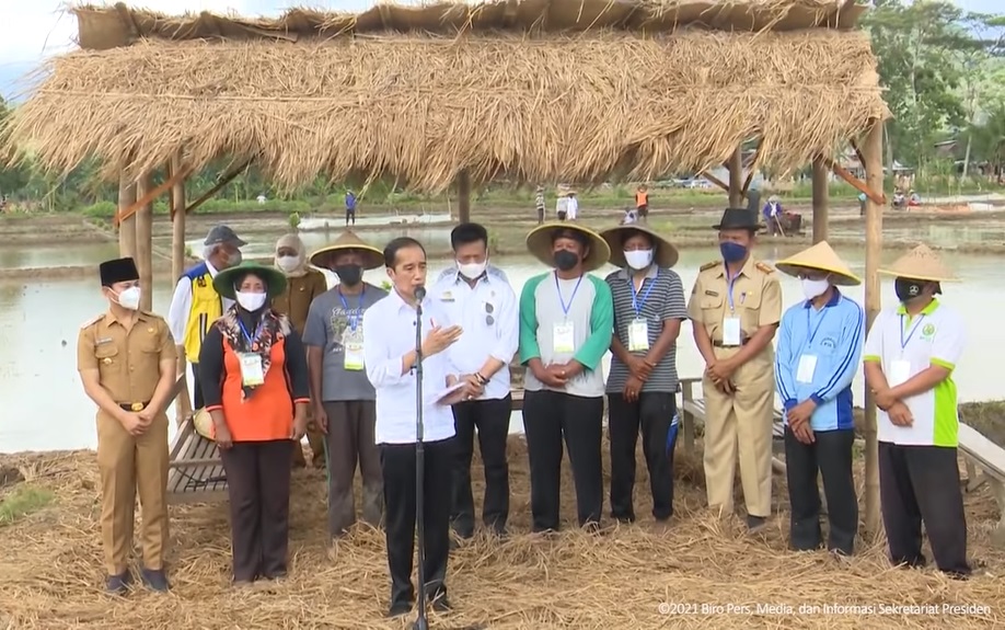 Presiden Jokowi seusai melakukan penanaman padi bersama petani di Kabupaten Trenggalek, Jawa Timur. (Foto: PMJ News/YuoTube Setpres).