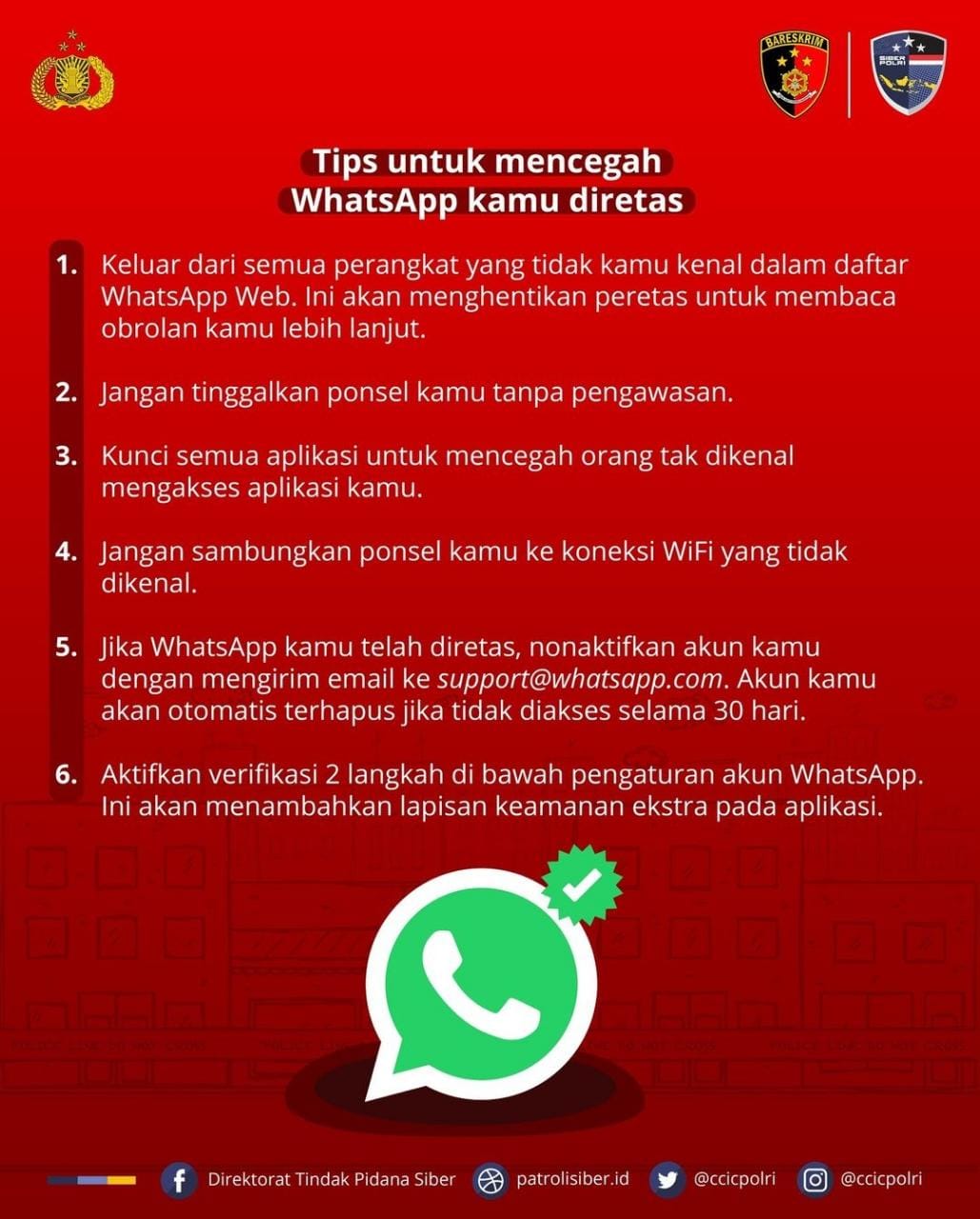 Infografis Tips untuk mencegah WhatsApp kamu diretas. (Ilustrasi: PMJ News/CCIC Polri)