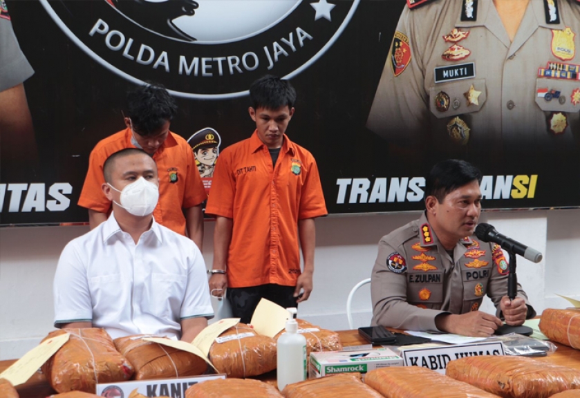 Polda Metro Jaya menggelar perkara pengungkapan kasus peredaran ganja. (Foto: PMJ News)