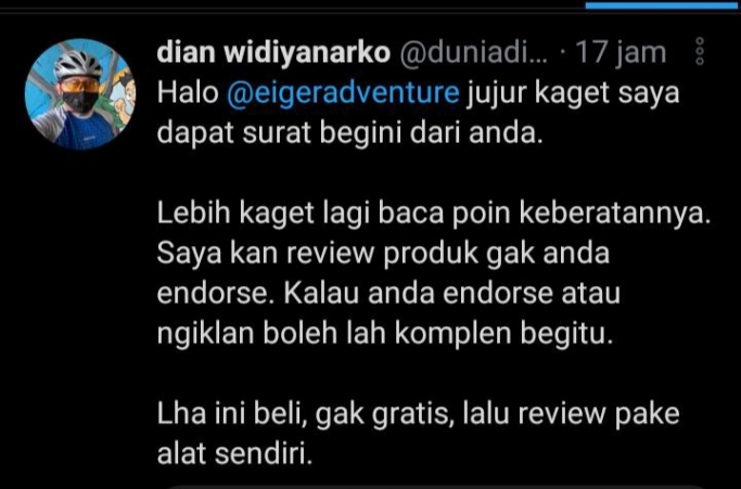 Media sosial ramai dengan komplain produk alat mendaki itu. (Foto : PMJ/Twitter).