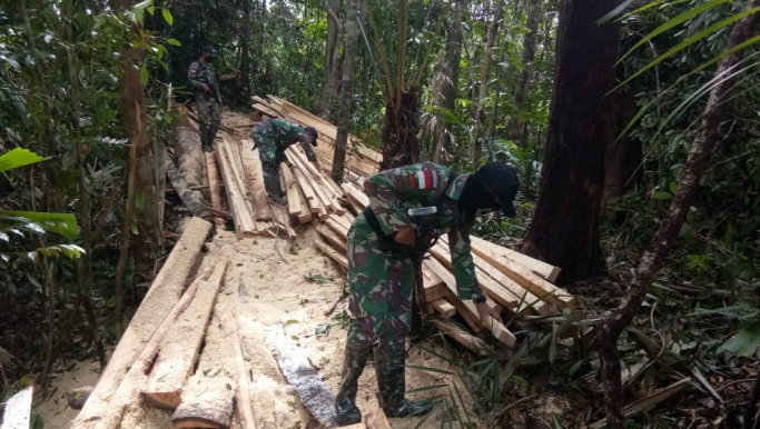 Anggota TNI tengah memeriksa penyelundupan kayu hasil ilegal logging. (Foto: PMJ News/ TNI). 