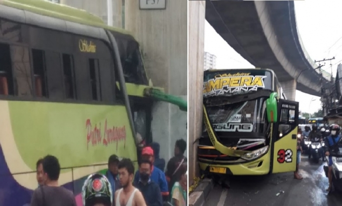 Sebuah bus AKAP menabrak tiang beton di Jalan Ciledug Raya. (Foto: PMJ News/Twitter TMC Polda Metro).