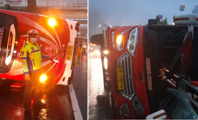 Sebuah bus pariwisata mengalami kecelakaan tunggal di Tol Dalam Kota. (Foto: PMJ News/TMCPolda Metro).