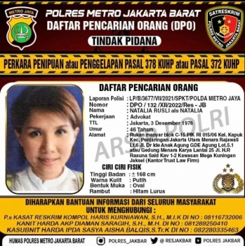 Perhatian! Ini Wajah DPO Pengacara Natalia Rusli