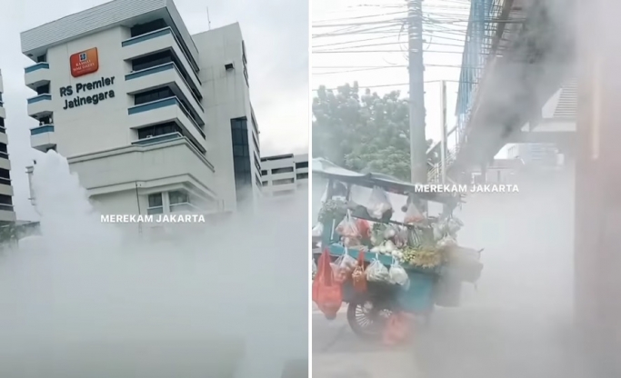 Asap putih tebal menyelimuti jalanan di sekitar RS Premier Jatinegara, Jakarta Timur. (Foto: PMJ News/Instagram @merekamjakarta)