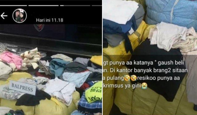 Beredar di media sosial sebuah gambar screenshot status WhatsApp yang diduga menampilkan barang bukti baju bekas sitaan. (Foto: PMJ News/Tangkapan Layar)