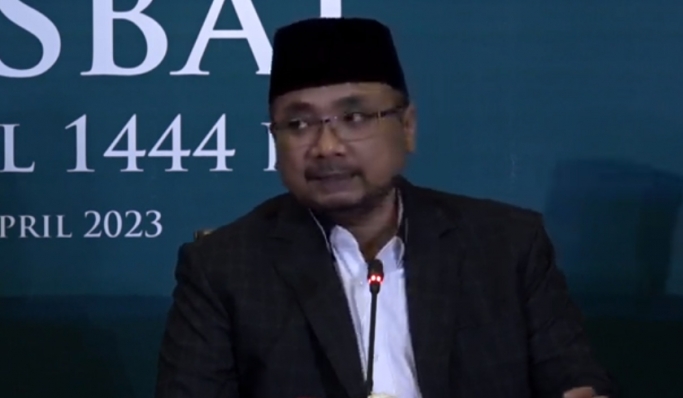 Menteri Agama Yaqut Cholil Qoumas menggelar konferensi pers sidang isbat penetapan 1 Syawal 1333 H. (Foto: PMJ News/YouTube Kemenag)