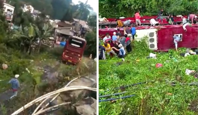 Kecelakaan bus terjadi di Kawasan Wisata Guci Tegal, Jawa Tengah. (Foto: PMJ News/Tangkapan Layar)
