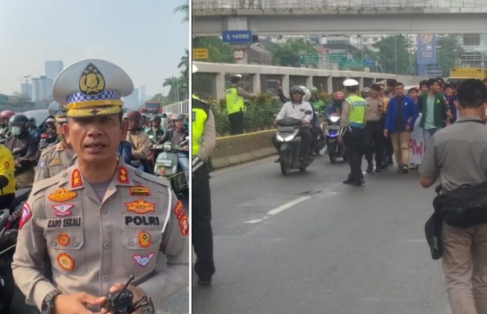 Kabag Ops Ditlantas Polda Metro Jaya, AKBP Karo Sekali melaporkan kondisi lalu lintas di depan Gedung DPR/MPR. (Foto: PMJ News/TMC PoldaMetro)