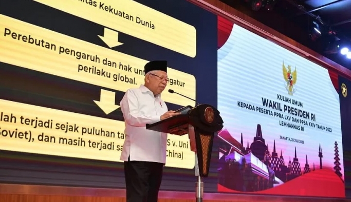 Wapres Ma'ruf Amin saat memberikan kuliah umum kepada Peserta Program Pendidikan Reguler Angkatan (PPRA) LXV dan Program Pendidikan Singkat (PPSA) XXIV. (Foto: PMJ News/Dok Setwapres)