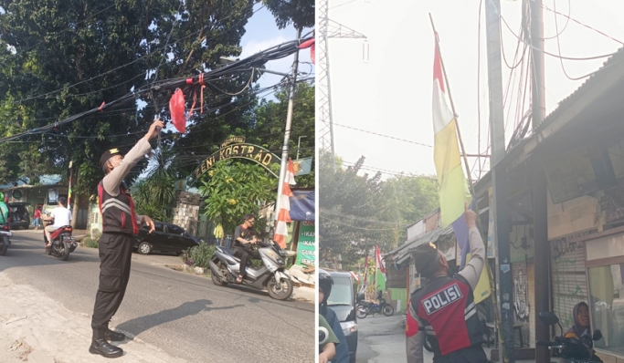 Anggota Polsek Jagakarsa membenahi kabel menjuntai yang bisa celakakan warga. (Foto: PMJ News)