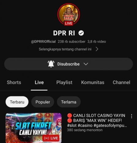 Akun YouTube DPR Diretas tayangkan judi online. (Foto: PMJ/Tangkapan Layar).