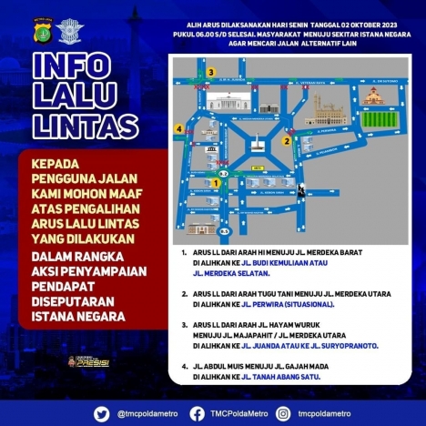 Rekayasa Lalu Lintas di sekitar Istana dan Patung Kuda. (Foto: PMJ/TMC PMJ).