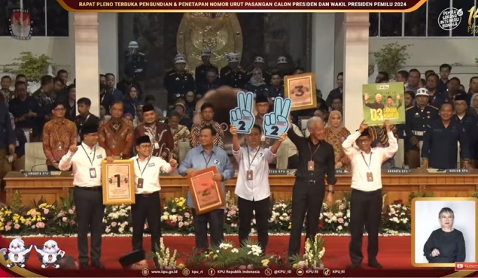 KPU menggelar pengundian nomor urut peserta Pilpres 2024. (Foto: PMJ News/YouTube KPU RI)