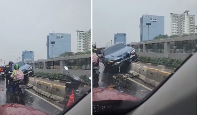 Mobil sedan mewah mengalami kecelakaan tunggal terjadi di Jalan Gatot Subroto, tepatnya di depan Gedung DPR/MPR RI. (Foto: PMJ News/TMC Polda Metro)