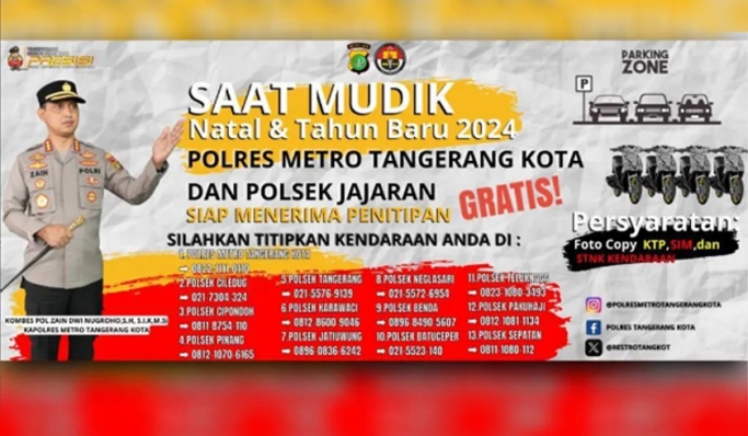 Polres Metro Tangerang Kota menyediakan tempat penitipan kendaraan bagi warga yang berencana mudik selama Natal dan Tahun Baru. (Foto: PMJ News/Instagram @porlresmetrotangerangkota)