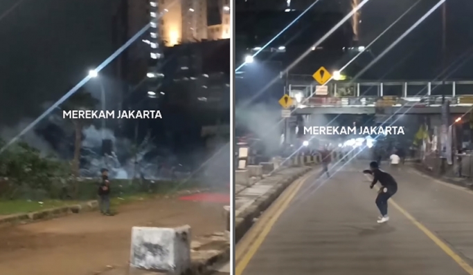 Tawuran antar warga di dekat Underpass Pasar Gembrong, Jalan Jenderal Basuki Rachmat, Jakarta Timur. (Foto: PMJ News/Instagram @merekamjakarta)