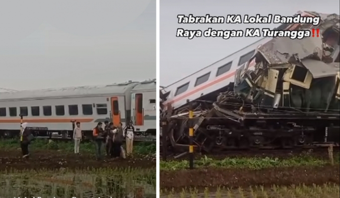 Kereta Api Turangga dengan KA lokal Bandung Raya bertabrakan di Cicalengka, Kabupaten Bandung. (Foto: PMJ News/Facebook Info Cilacengka)