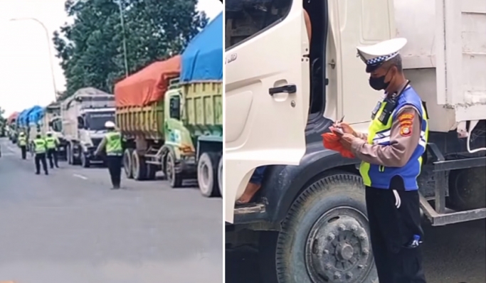 Petugas gabungan Polisi dan Dinas Perhubungan mengamankan 33 unit truk tanah yang beroperasi di luar jam operasional. (Foto: PMJ News/Instagram)