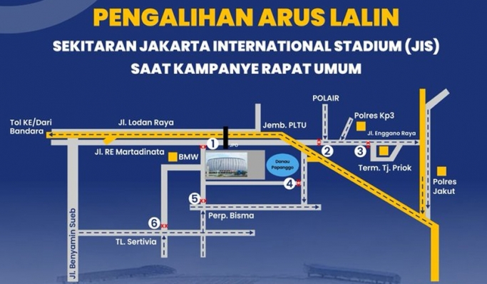 Polda Metro Jaya memberlakukan pengalihan arus lalu lintas di sekitar Jakarta Internasional Stadium. (Foto: PMJ News/twitter @TMCPoldaMetro)
