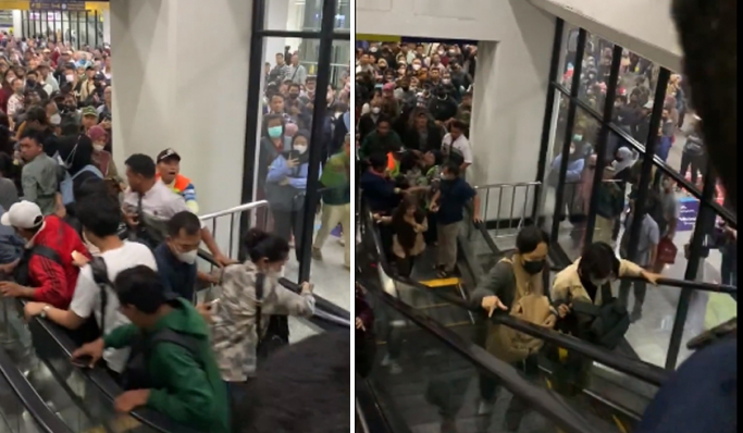 Viral sebuah video yang memperlihatkan pengguna KRL Commuter Line mengalami kesulitan saat menggunakan eskalator. (Foto: PMJ News/Twitter)