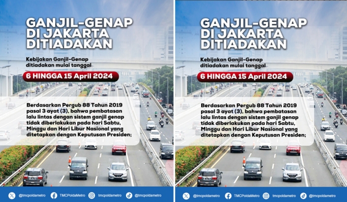 Kebijakan ganjil genap di ruas jalan Jakarta akan ditiadakan selama libur Hari Raya Idul Fitri dari tanggal 6 sampai dengan 15 April 2024. (Foto: PMJ News/TMC Polda Metro Jaya)