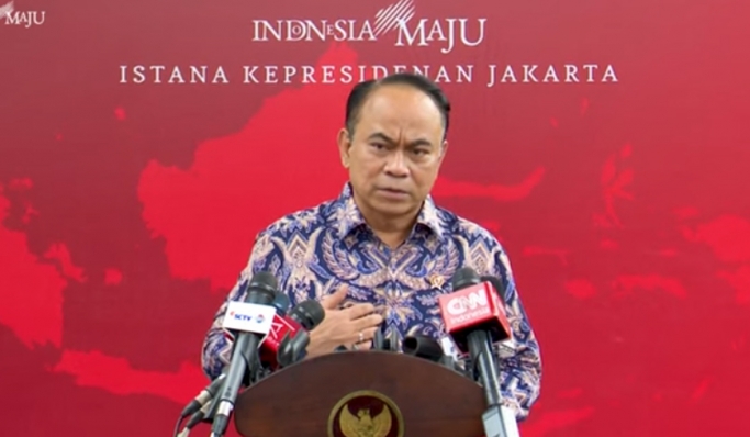 Menteri Komunikasi dan Informatika, Budi Arie Setiadi saat memberikan keterangan pers. (Foto: PMJ News/YouTube Setpres)