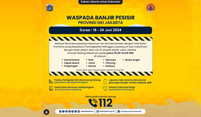 BPBD DKI Jakarta meminta kepada masyarakat wilayah pesisir Jakarta agar waspada terhadap banjir rob. (Foto: PMJ News/Instagram @bpbddkijakarta)
