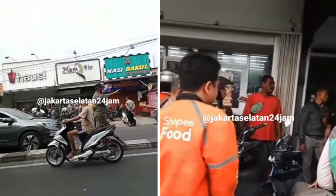 Dua orang pria terlibat perkelahian di depan kedai minuman kawasan Pondok Pinang, Jakarta Selatan. (Foto: PMJ News/Instagram @jakartaselatan24jam)