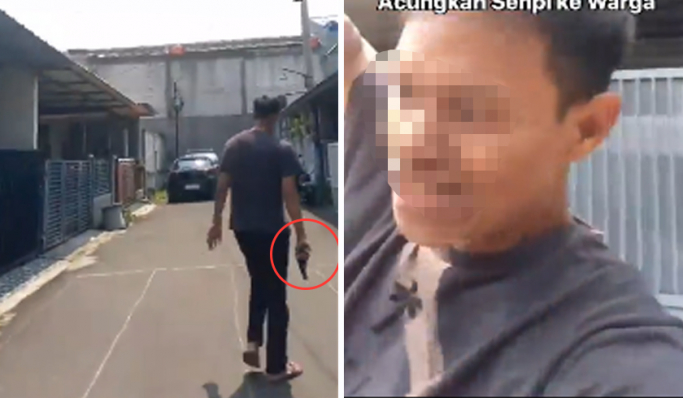 Viral oknum staf PN Depokmenodongkan senjata airsoft gun ke warga di perumahan kawasan Bojongsari. (Foto: PMJ News/X.com)