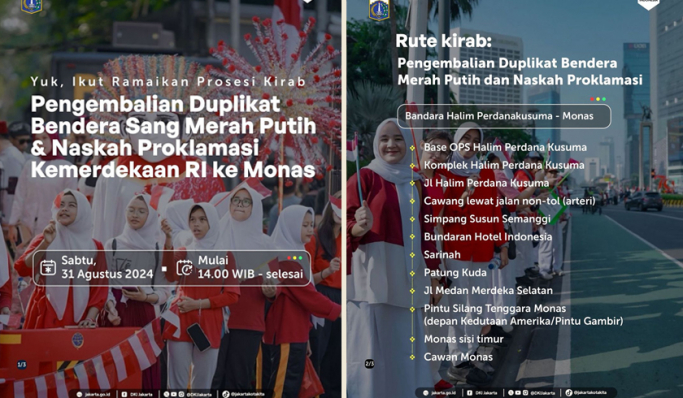 Pemprov DKI Jakarta mengajak masyarakat memeriahkan kirab pengembalian duplikat Bendera Merah Putih dan Naskah Proklamasi Kemerdekaan RI. (Foto: PMJ News/Instagram @dkijakarta)