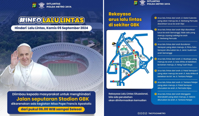 Polda Metro Jaya akan melakukan rekayasa lalu lintas saat pelaksanaan misa Paus Fransiskus di kawasan Gelora Bung Karno. (Foto: PMJ News/TMC Polda Metro Jaya)