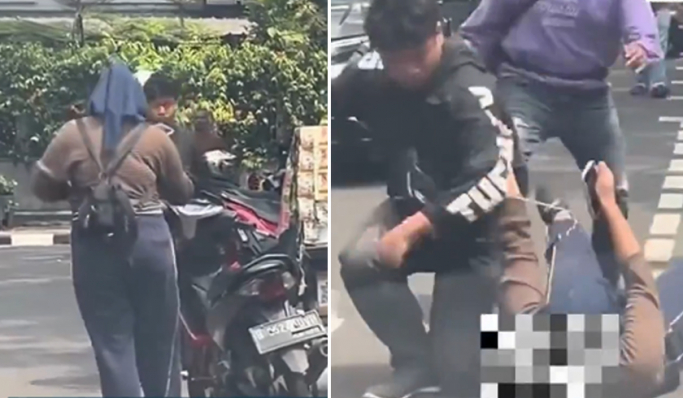 Viral seorang perempuan dibanting kekasihnya di pinggiran Jalan Mahakam, Kebayoran Baru, Jakarta Selatan. (Foto: PMJ News/X.com)