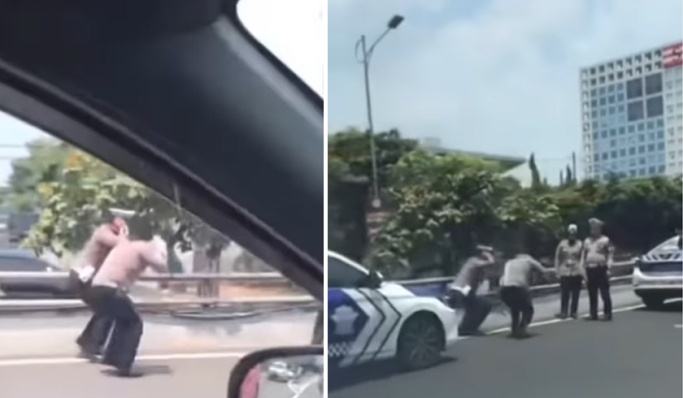Viral di media sosial anggota Polantas melakukan squat jump di tepi jalan tol. (Foto: PMJ News/Instagram @seputar_jaksel)