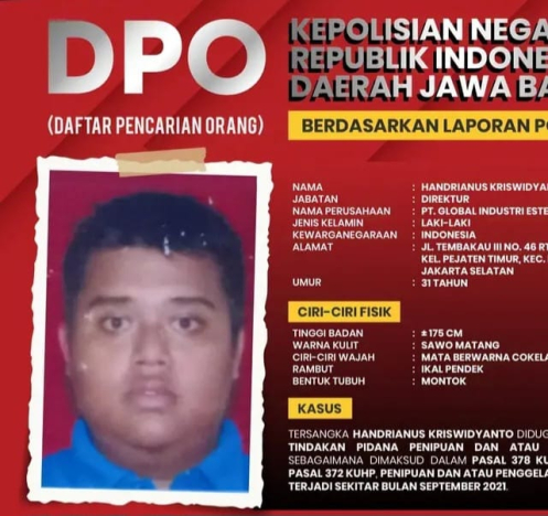 Direktur PT Global Industrial Estetika (PT GIE) Handrianus Kriswidyanto masuk DPO Polresta Bogor Kota. (Foto: PMJ/Ist).