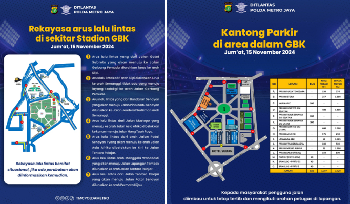 Polda Metro Jaya menyiapkan rekayasa lalu lintas untuk mengantisipasi kepadatan saat laga Timnas Indonesia melawan Jepang. (Foto: PMJ News/TMC Polda Metro Jaya)