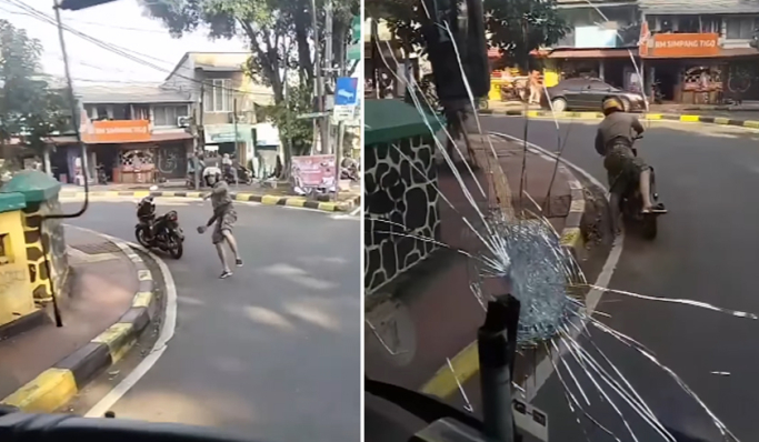 Polisi menangkap pemotor yang viral melempar batu ke bus Transjakarta di Lenteng Agung, Jakarta Selatan. (Foto: PMJ News/Instagram @info_jabodetabek)