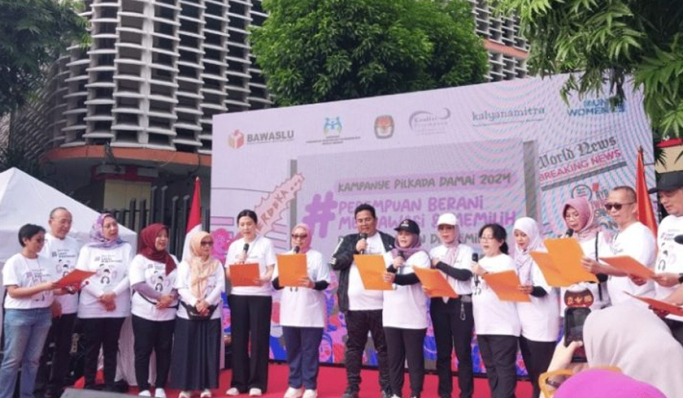 Deklarasi Pilkada Damai 2024 yang dihadiri perwakilan Polri, Bawaslu RI dan Kementerian Pemberdayaan Perempuan dan Anak. (Foto: PMJ News)