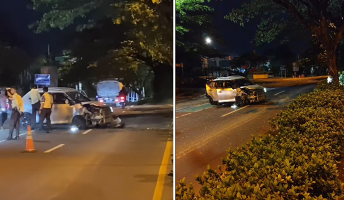 Seunit mobil Suzuki Ignis mengalami kecelakaan tunggal di depan Mall Pesona Square, Kota Depok. (Foto: PMJ News/Instagram @infodepok_id)