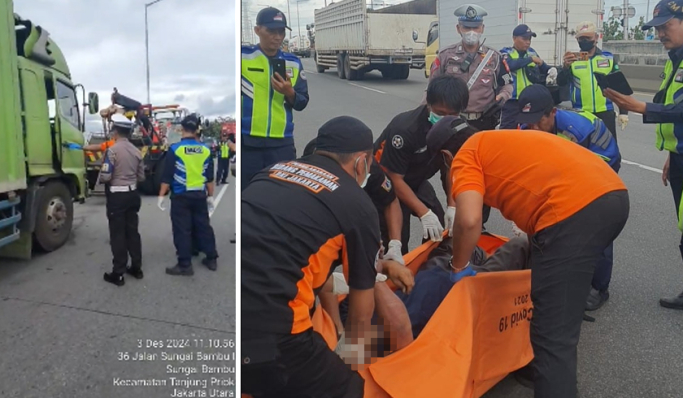 Sopir truk ditemukan dalam keadaan meninggal dunia di Tol WIyoto Wiyono. (Foto: PMJ News/TMC Polda Metro Jaya)